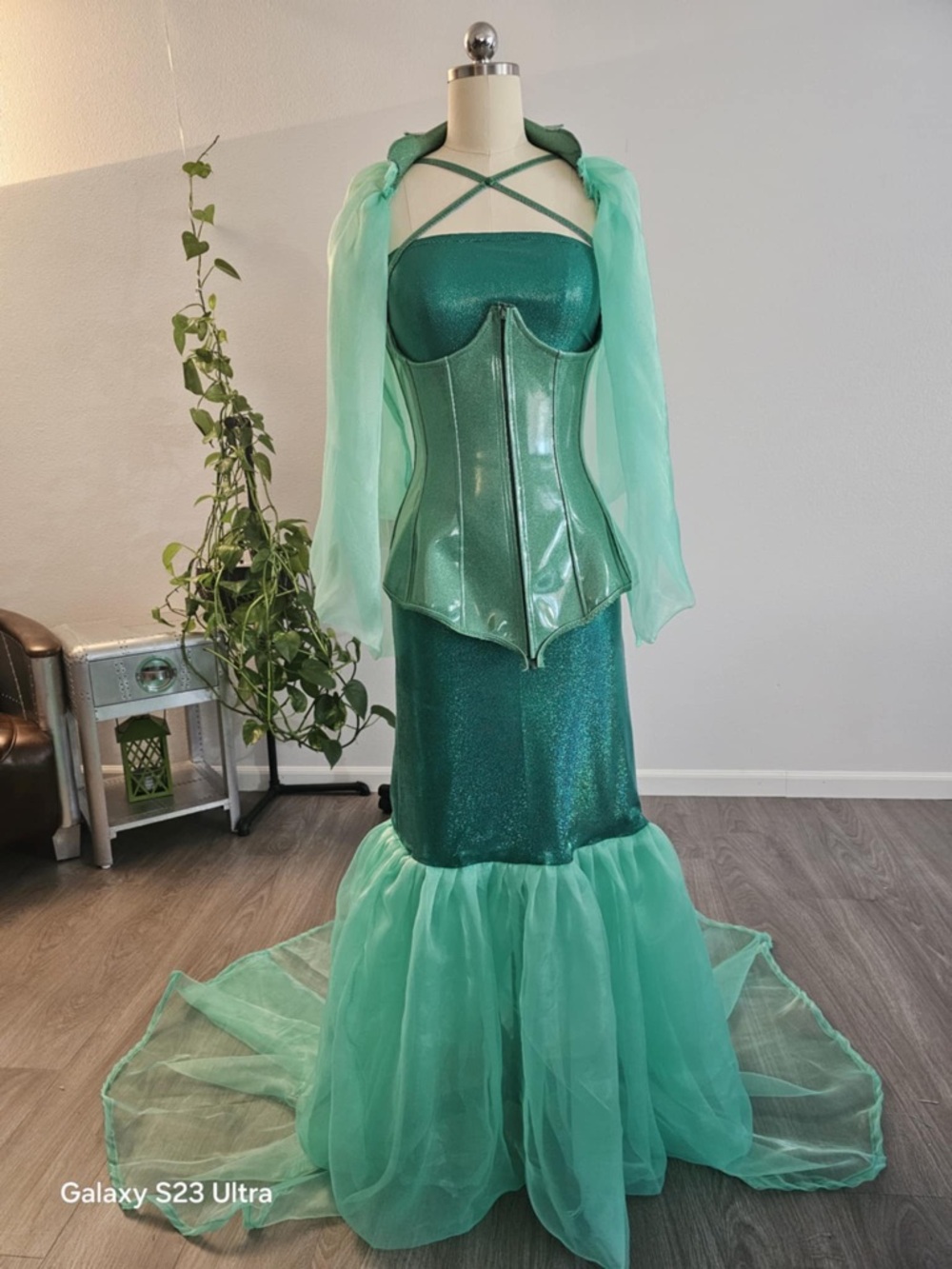 Shimmery Seafoam Green Mermaid Gown with Organza Train